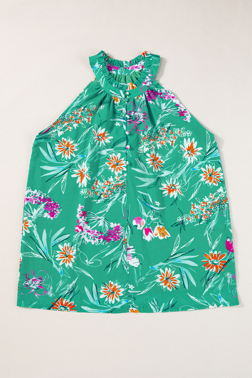 Bright Green Boho Floral Print Button Front Sleeveless Blouse