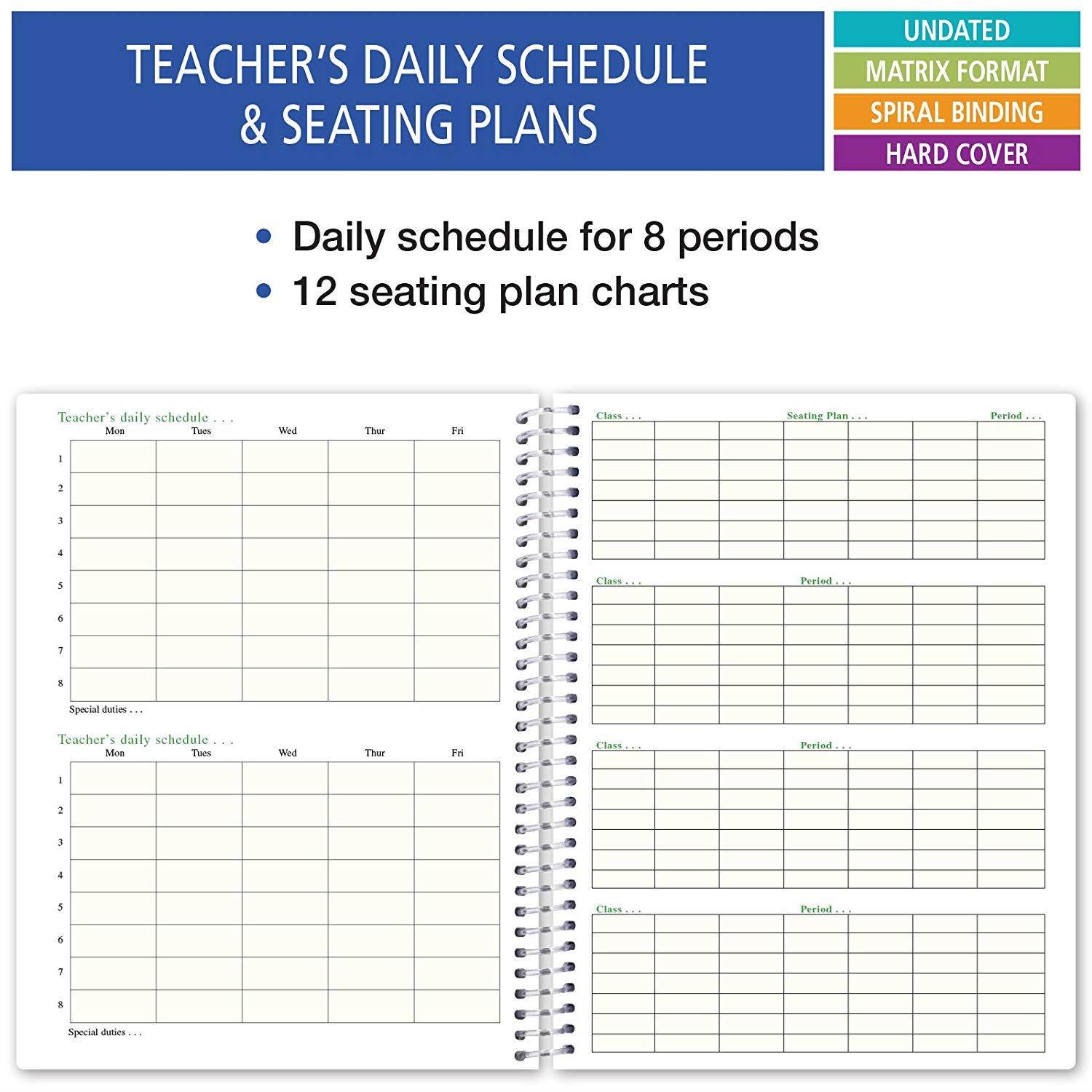 7 Period Teacher Lesson Plan; Days Horizontally Across The Top (W101) (+) Bonus Clip-in Bookmark (Blue Green Flowers)