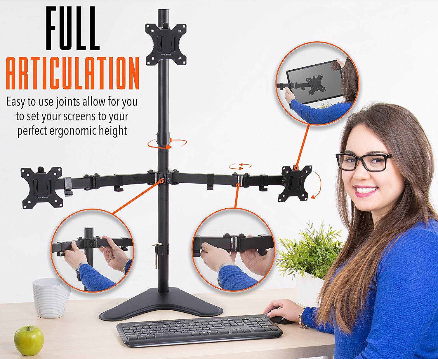 stand steady freestanding 3 monitor desk mount stand | height adjustable triple monitor stand with full articulation | vesa mount fits most lcd/led monitors 1332 inches 3 arm free standing