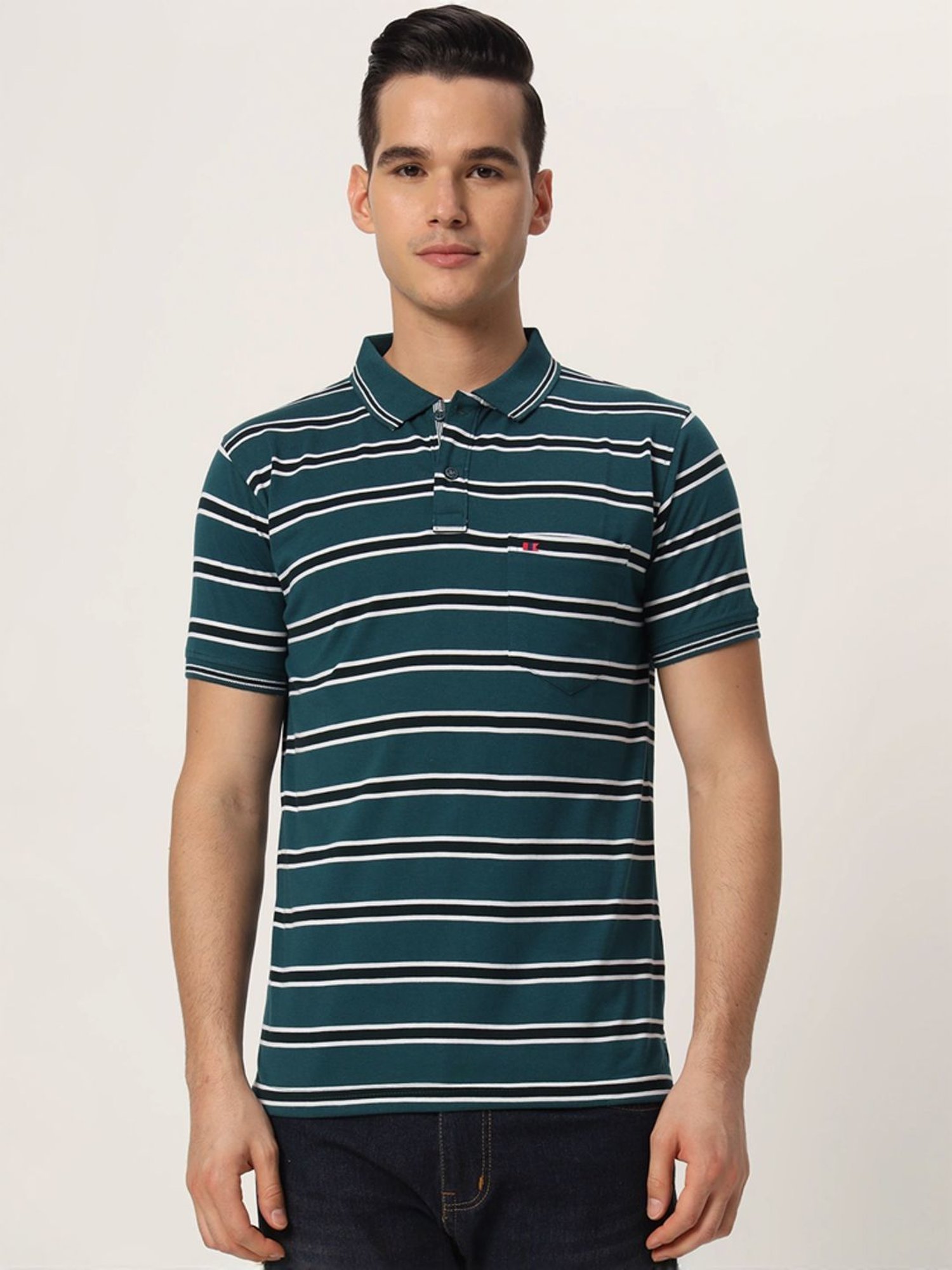 Tab91 Turquoise Regular Fit Striped Polo T-Shirts
