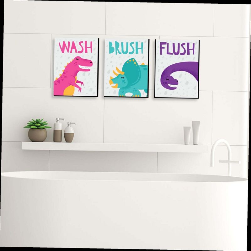 Big Dot of Happiness Roar Dinosaur Girl - Kids Bathroom Rules Wall Art - 7.5 x 10 inches - Set of 3 Signs - Wash, Brush, Flush