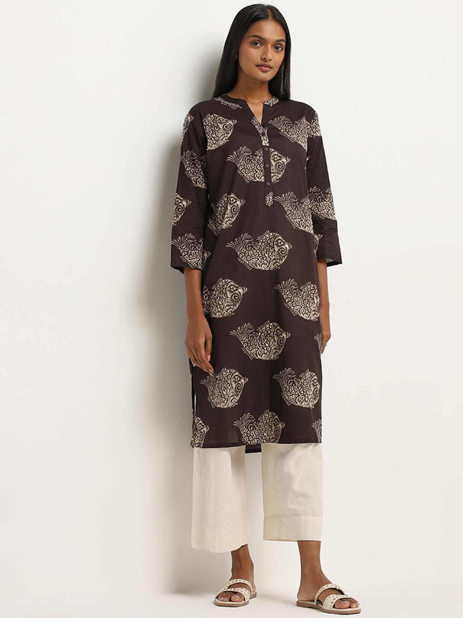 Utsa by Westside Dark Brown Fish Print Straight Cotton Kurta