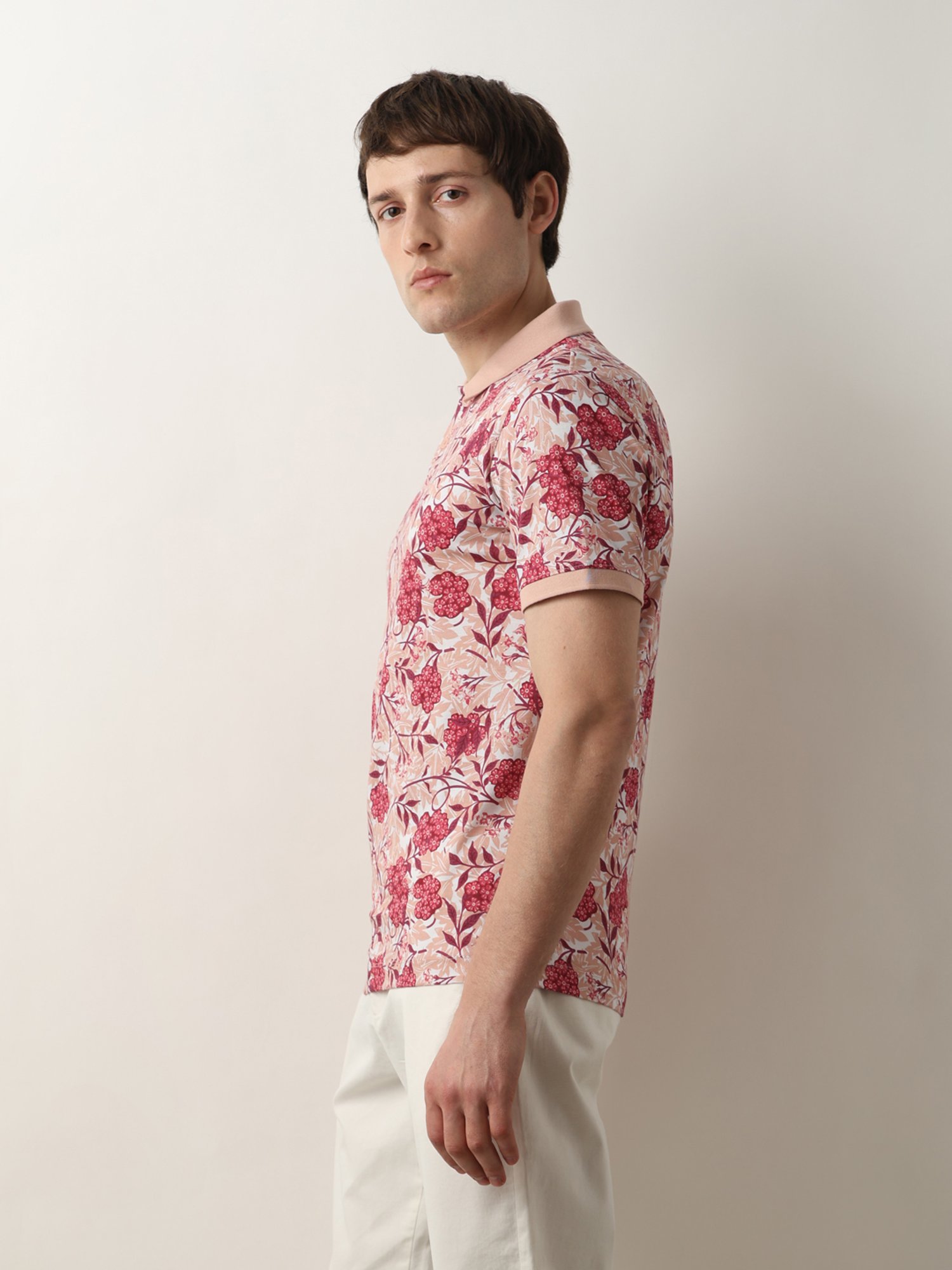 SELECTED HOMME Pink Slim Fit Floral Print Cotton Polo T-Shirt