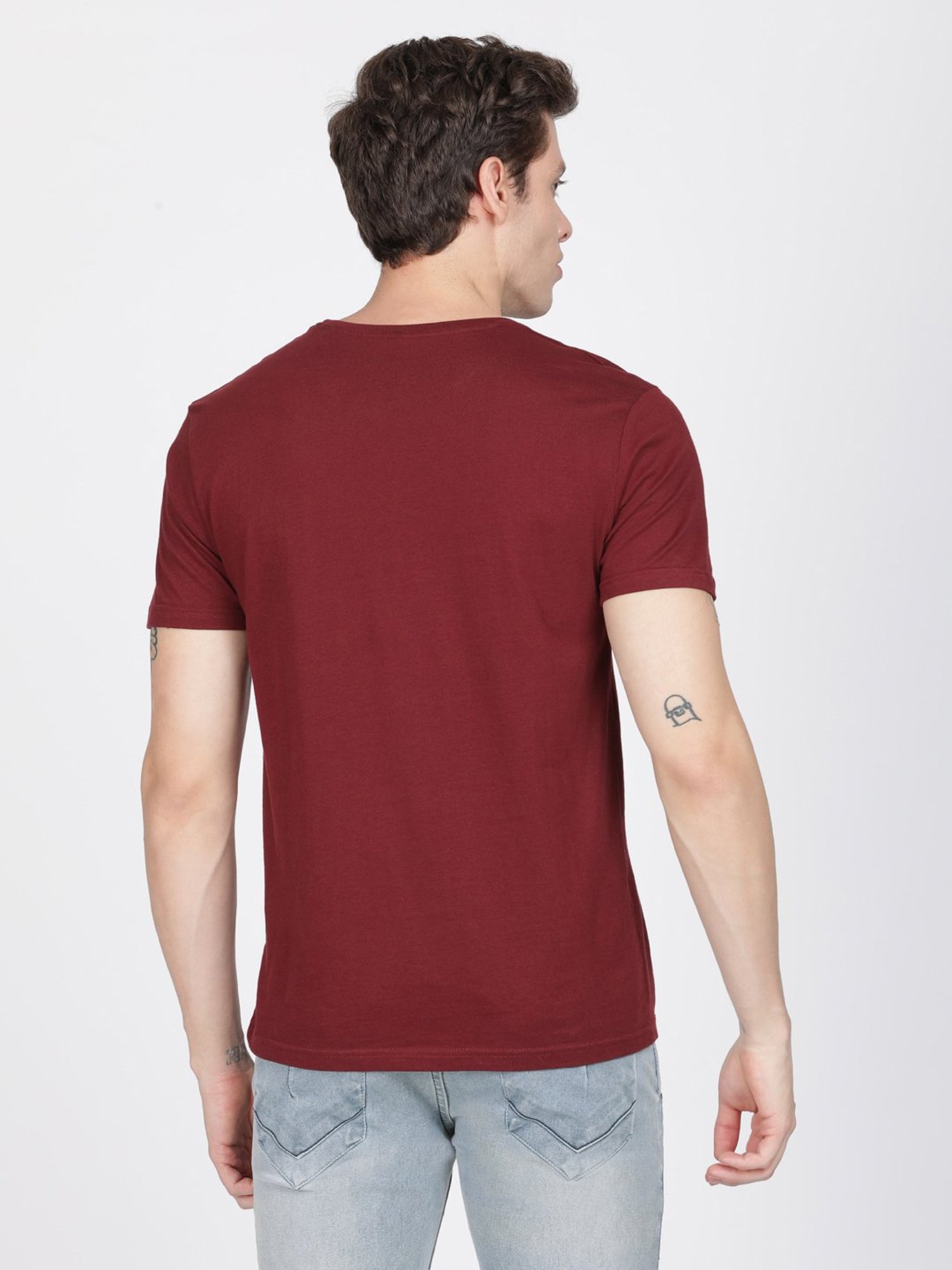 BLACK RADIO Maroon Slim Fit Printed Cotton Crew T-Shirt