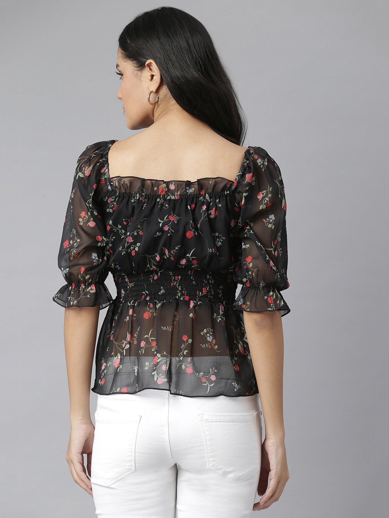 KASSUALLY Black Floral Print Peplum Top