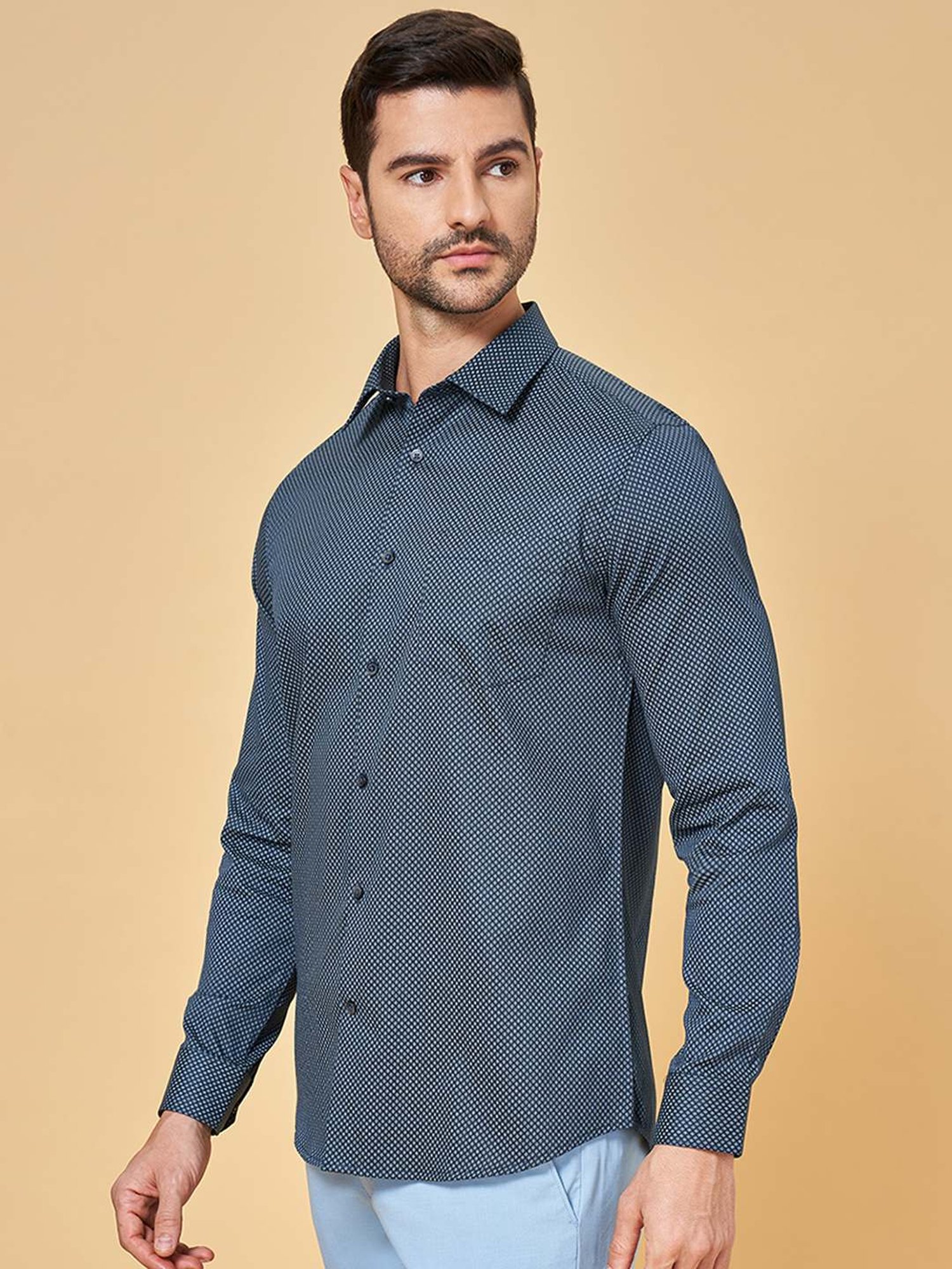 Peregrine by Pantaloons Brilliant Blue Cotton Slim Fit Printed Shirt
