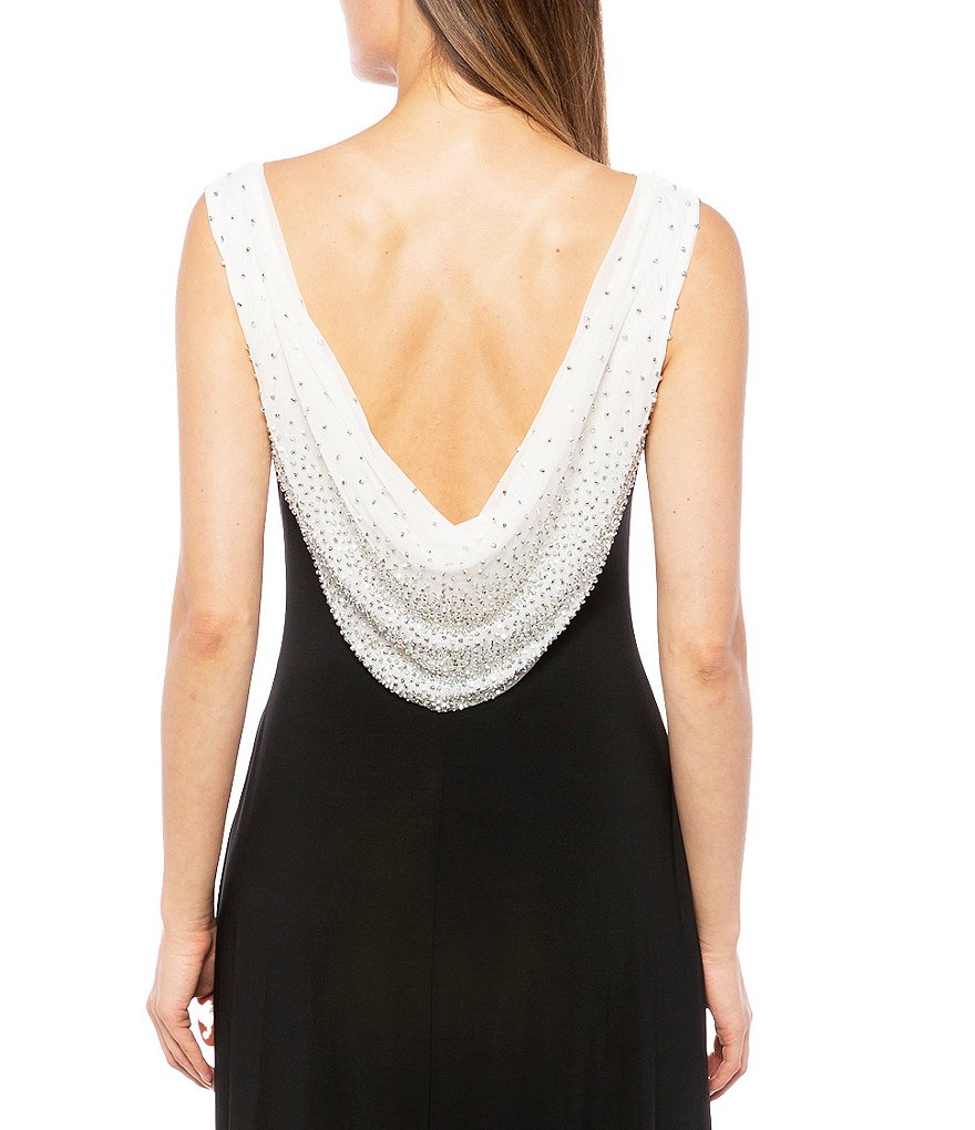 Marina Matte Jersey Beaded Cowl Neck Drape Back Sleeveless Gown