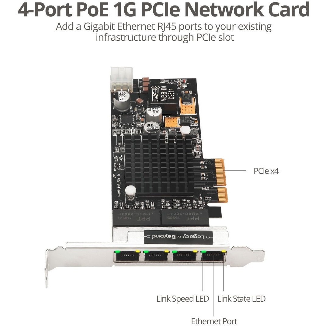 SIIG 4 Port Gigabit Ethernet with POE PCIe Card Intel 350 LBGE0811S1