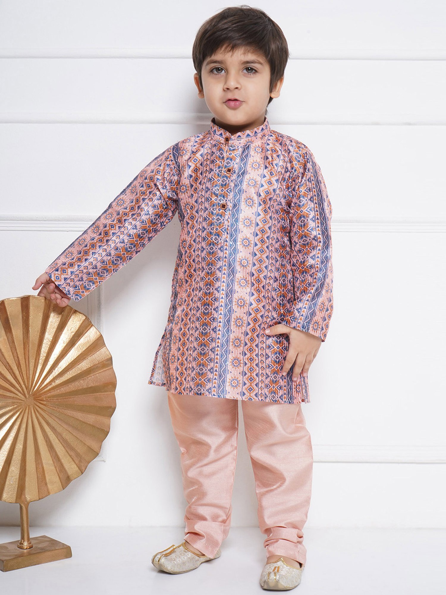 AJ Dezines Kids Peach & Blue Printed Full Sleeves Kurta with Pyjamas