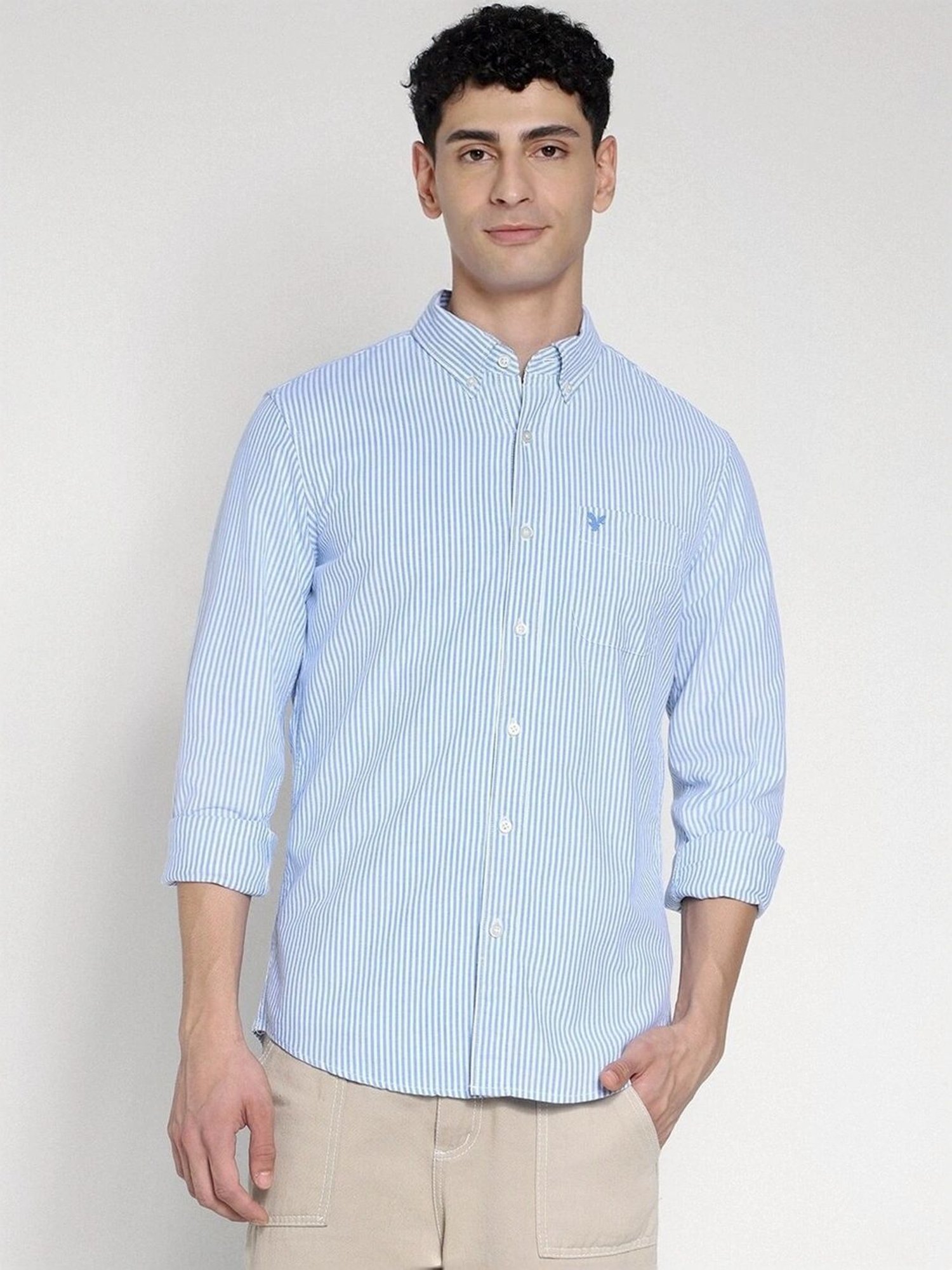 American Eagle Blue Cotton Slim Fit Striped Shirt