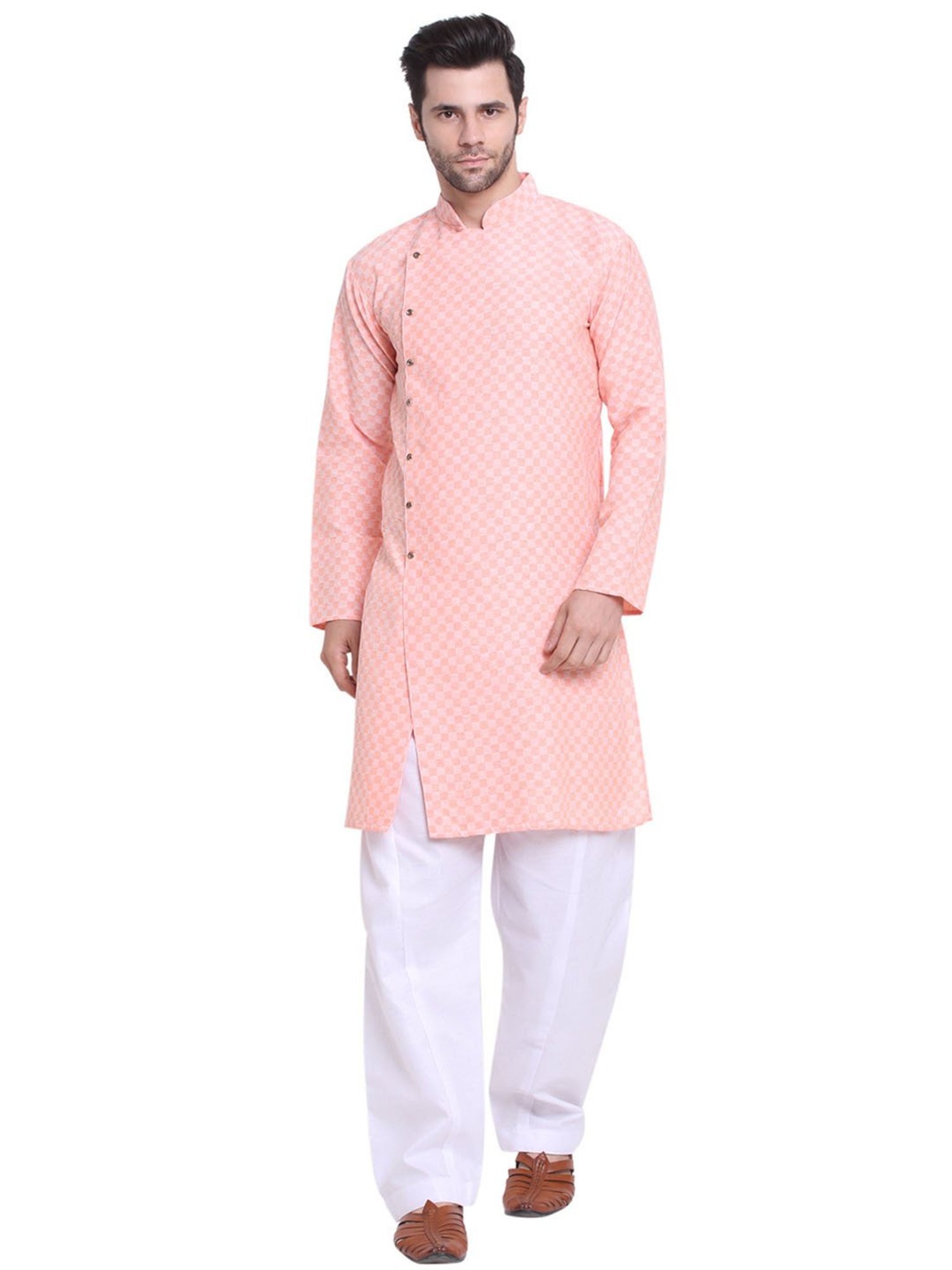 Benstoke Peach & White Regular Fit Geometric Print Angrakha Kurta & Pyjamas Set
