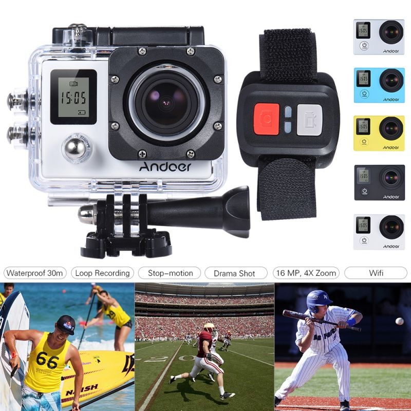 Andoer 4K 30fps/1080P 60fps Full HD 16MP Action Camera Waterproof 30m WiFi 2.0"LCD Sports DV Cam Camcorder 170 Degree 4X Zoom Dual Screen Car DVR w/ Remote Control