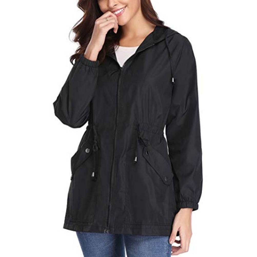 1pc Women Outdoor Hiking Waterproof Raincoat Spring Autumn Pocket Long Sleeve Casual Jackets with Zipper Outwear Coats for Girls Size S(Black)