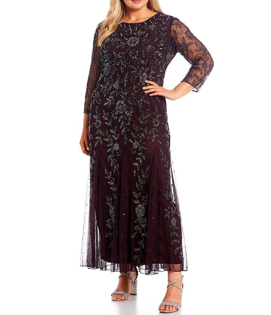 Pisarro Nights Plus Size 3/4 Sleeve Boat Neck Beaded A-Line Gown