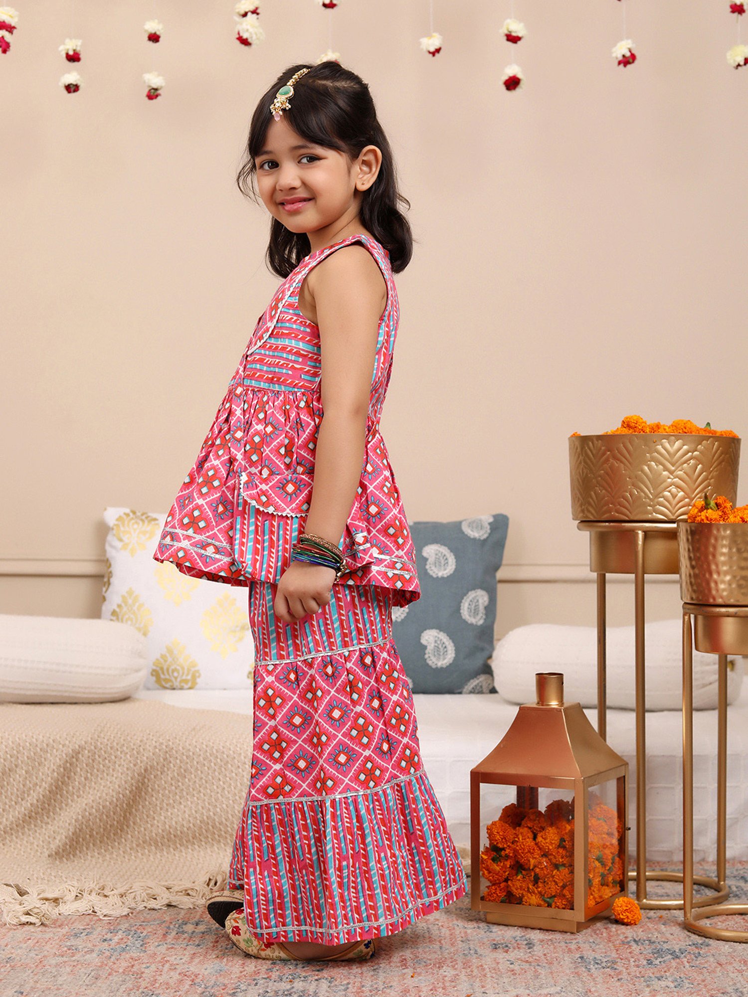 Budding Bees Girls Pink Printed Top, Sharara with Sling Bag