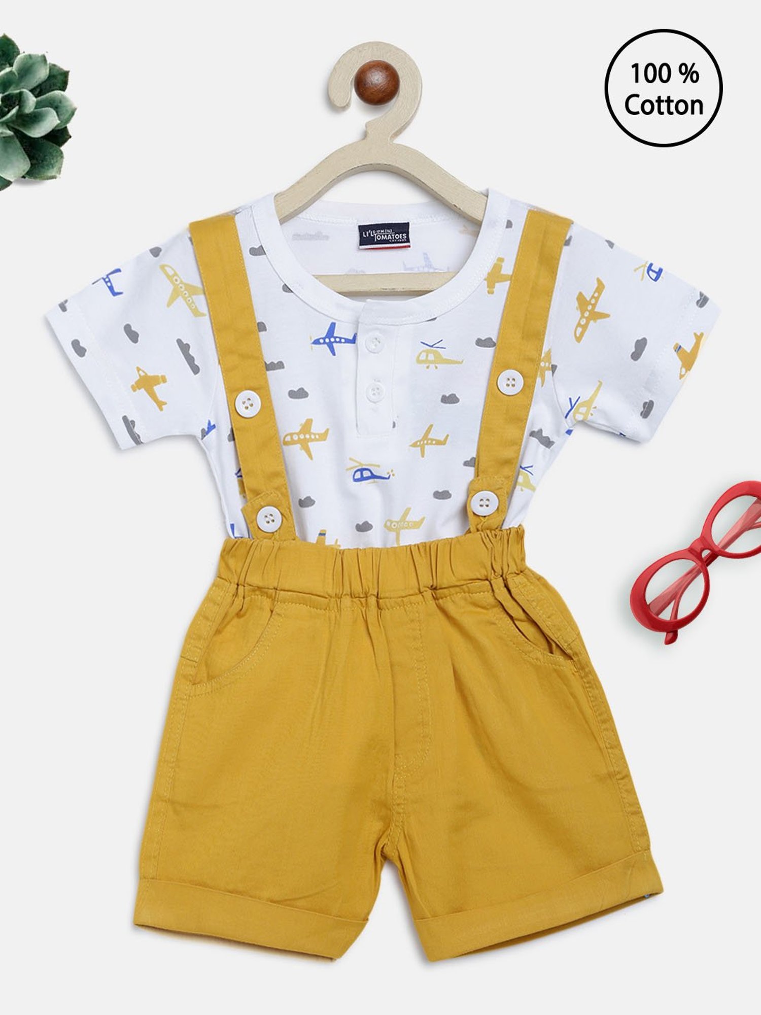 Li'l Tomatoes Kids White & Mustard Printed T-Shirt with Dungaree