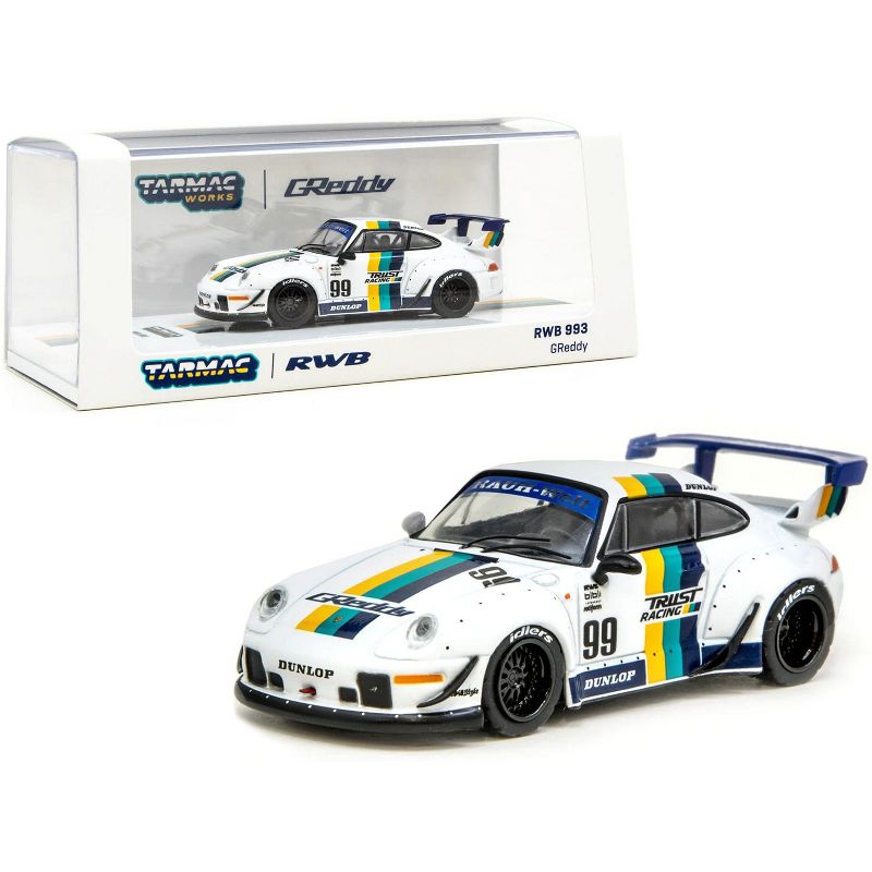 Porsche RWB 993 #99 "GReddy" White with Stripes "RAUH-Welt BEGRIFF" 1/64 Diecast Model Car by Tarmac Works