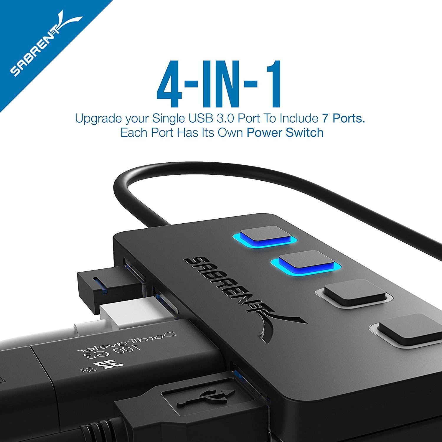 USB HUB, 4-Port USB 3.0 Hub with Individual Power Switches, LED Indicators Each Port , USB HUB Transfer Speeds up to 5Gbps, Compatible USB 2.0 / 1.1,Plug & Play and Hot Swappable