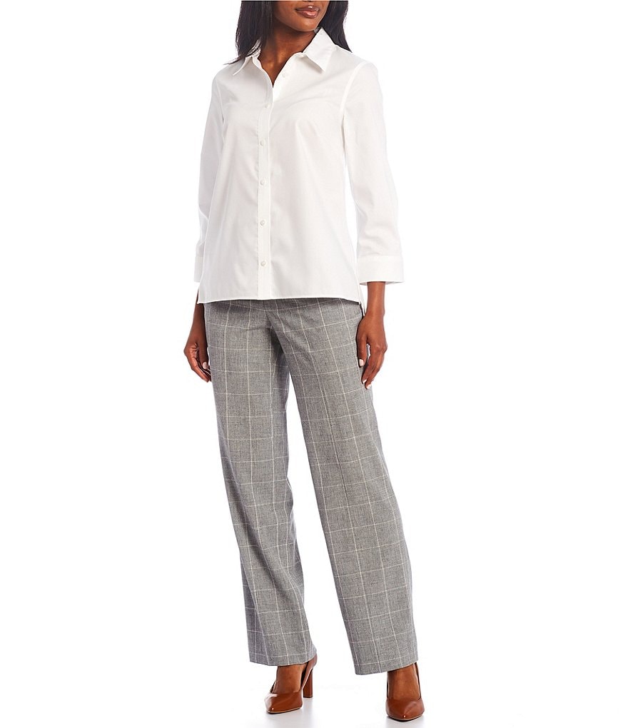 Kasper Oxford Shirting Point Collar Neck Long Button Cuff Sleeve Hi-Low Top