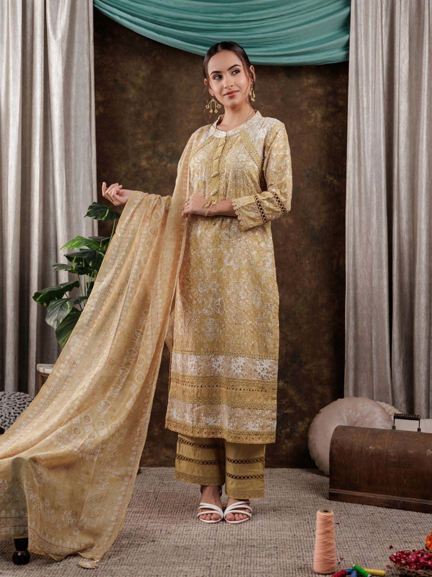Yufta Mustard Cotton Printed Kurta Pant Set With Dupatta
