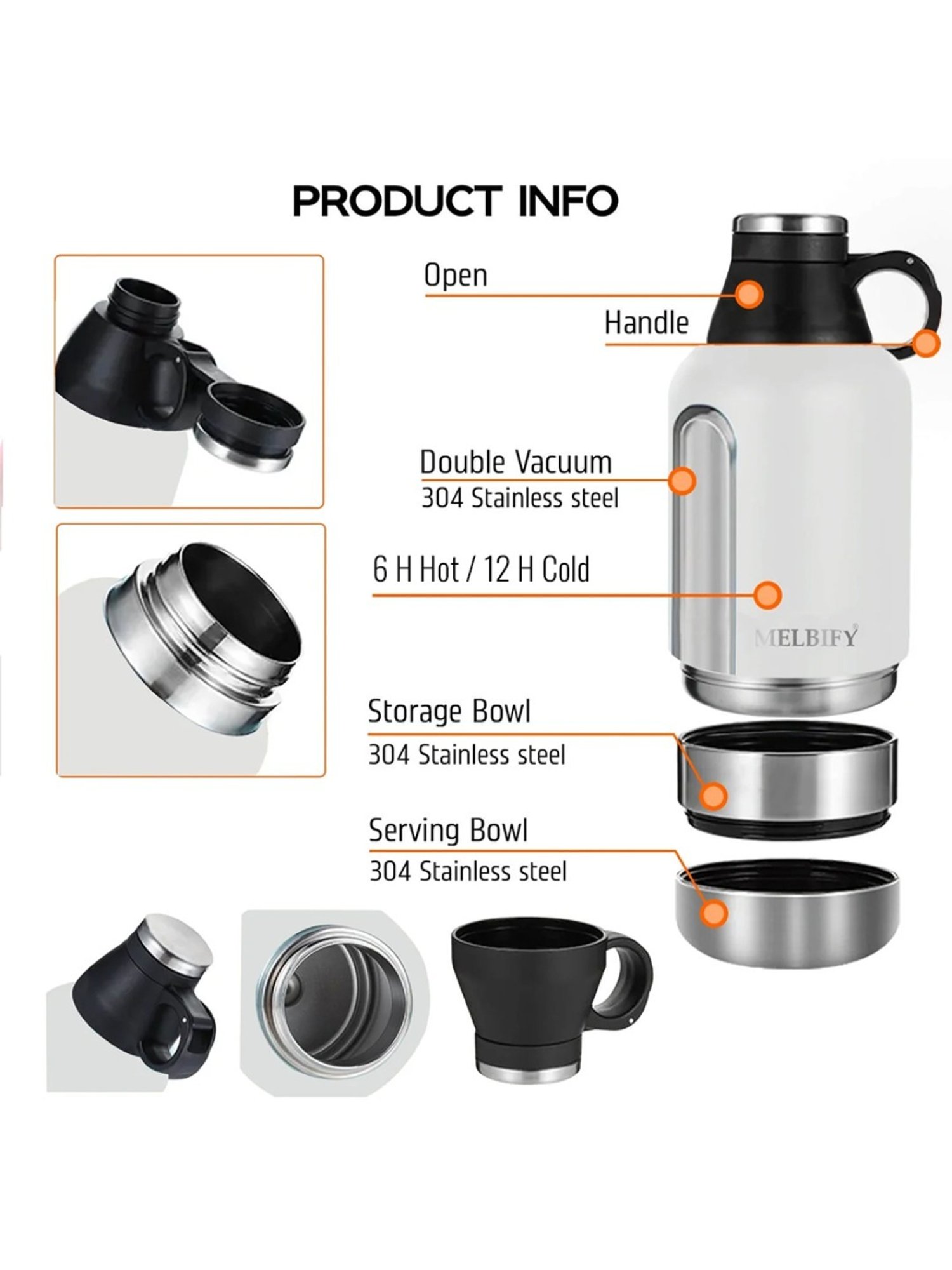 Melbify 3-in-1 Thermos Flask White ThermoSteel Water Bottle (1L)