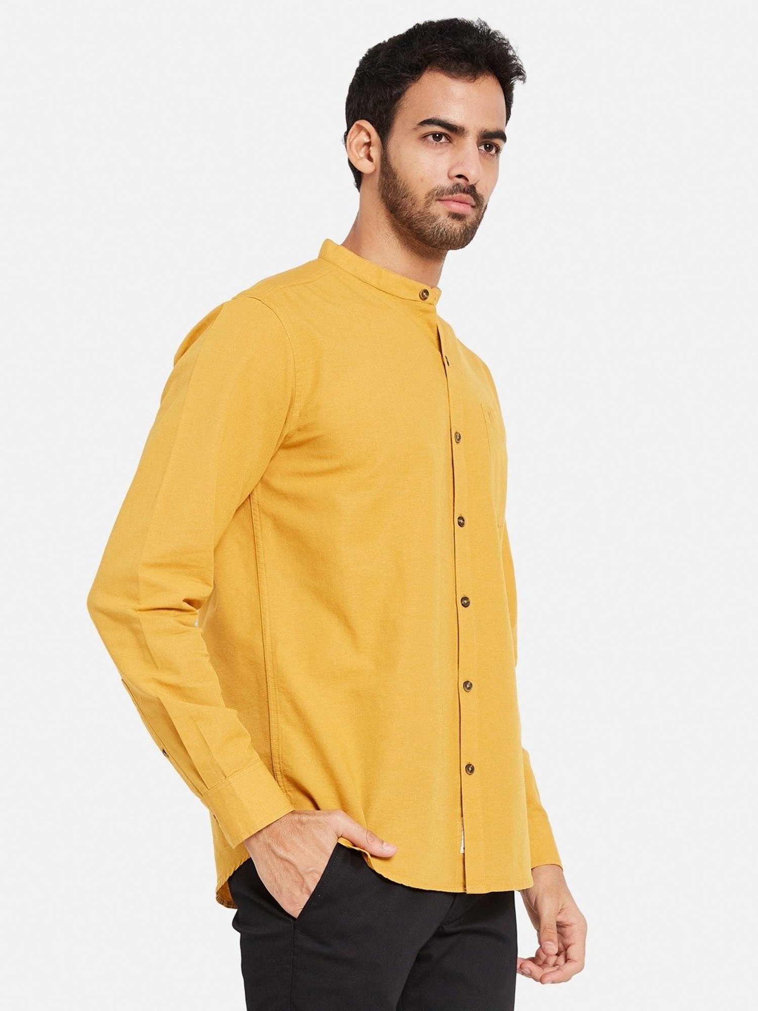 METTLE Yellow Cotton Regular Fit Shirt