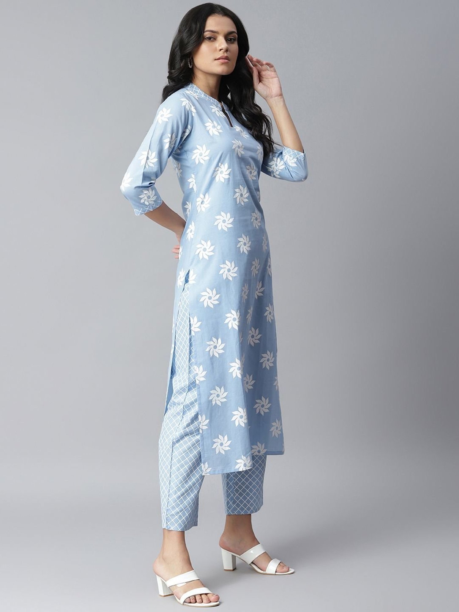 Stylum Blue Cotton Printed Kurta Pant Set With Dupatta