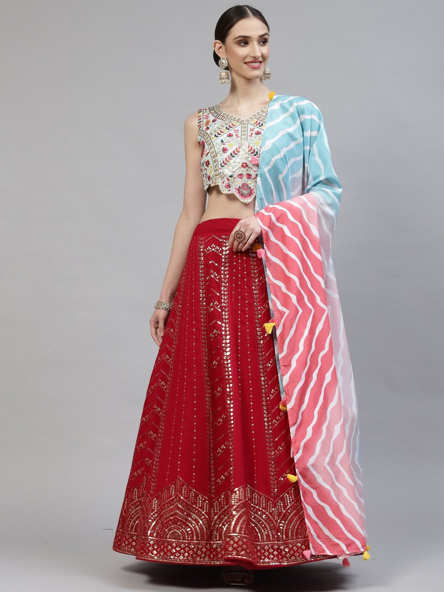 SHUBHKALA Red Embellished Lehenga and Choli Set With Dupatta