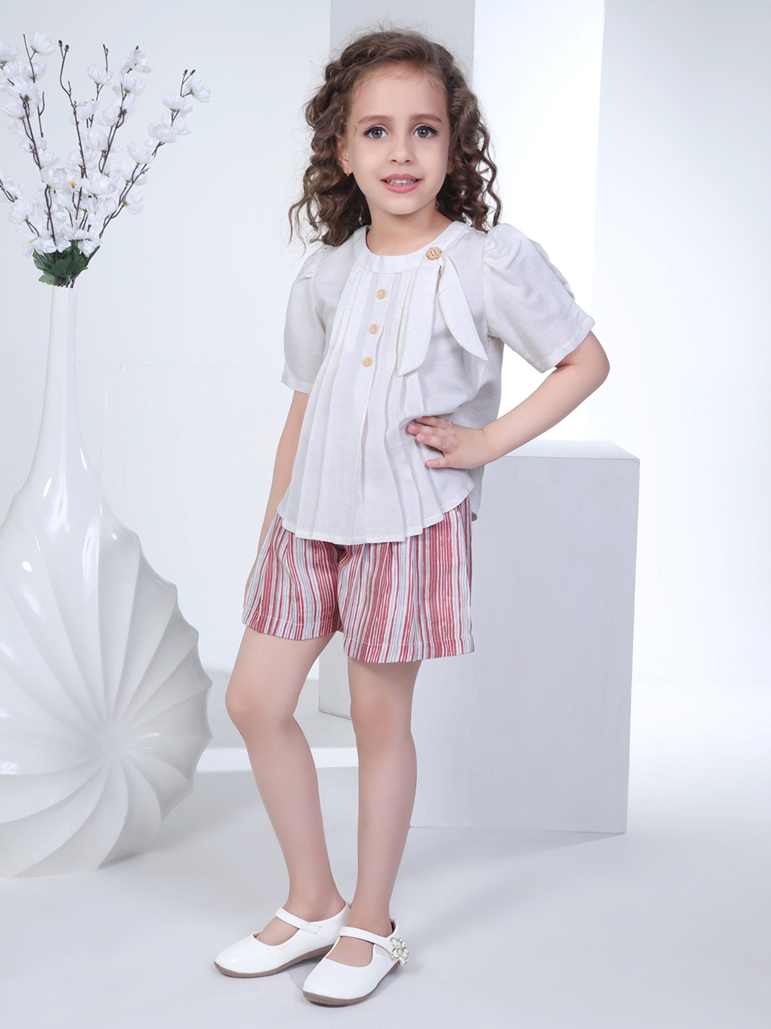 Peppermint Kids White & Brown Striped Top with Shorts