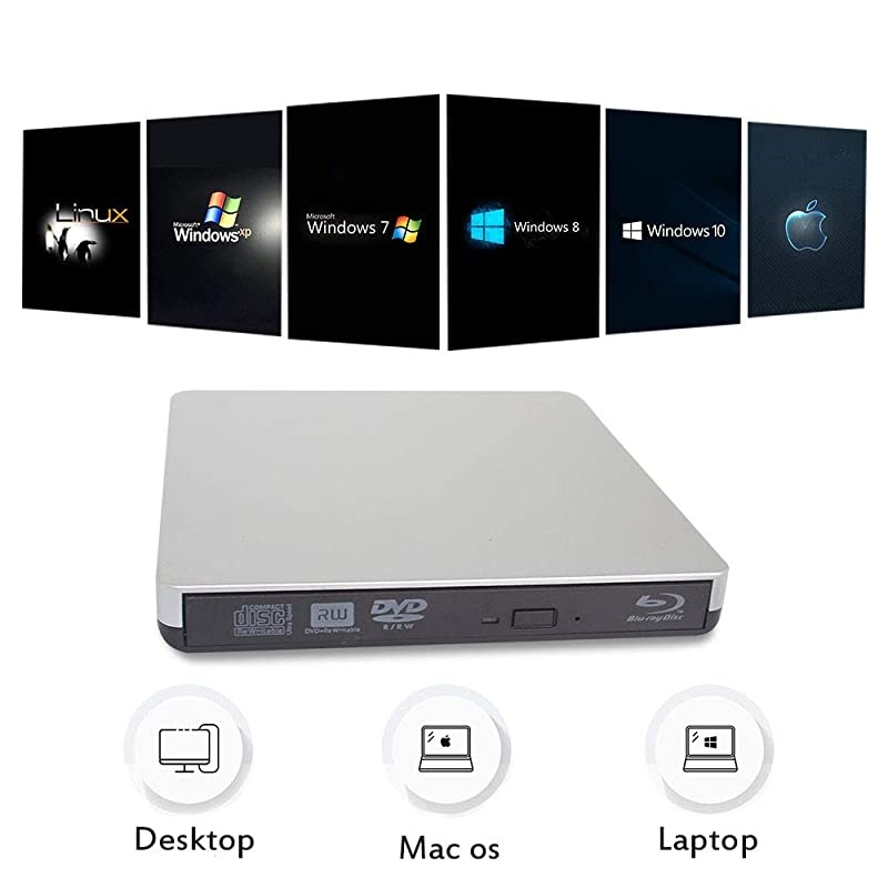 Blu-Ray CD DVD Drive,USB 3.0 Portable BD 3D Blu-Ray Player DVD/CD-RW BD-ROM Burner Compatible with Windows 10/8/7/XP/Vista MAC OS System for Laptop/Desktops PC (Sliver.)