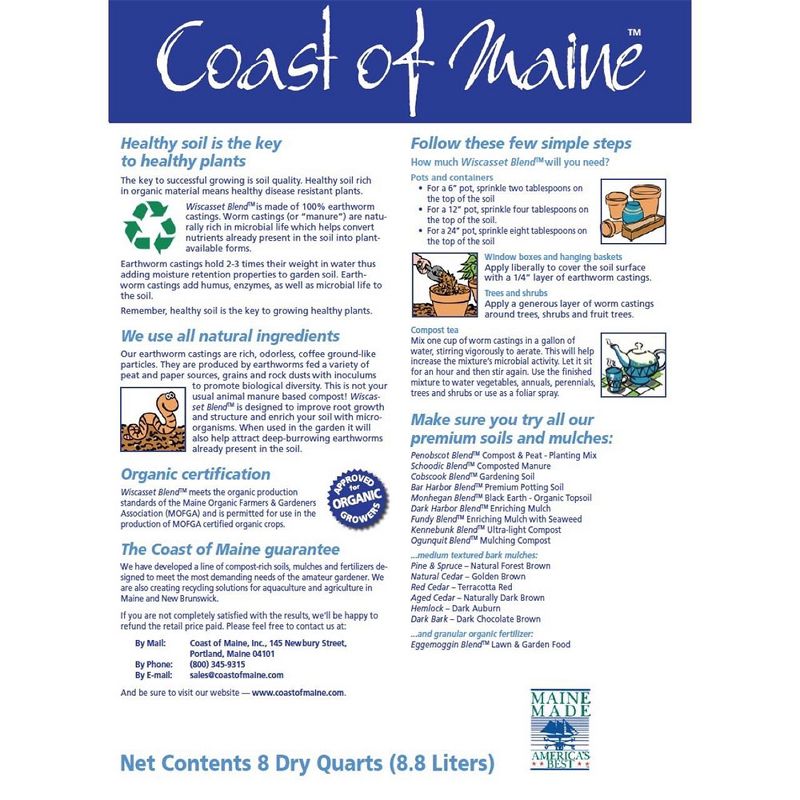 Coast of Maine OMRI Listed Wiscasset Blend Earthworm Castings Compost Plant Potting Soil Blend for Container Gardens and Flower Pots, 8 Quart Bag