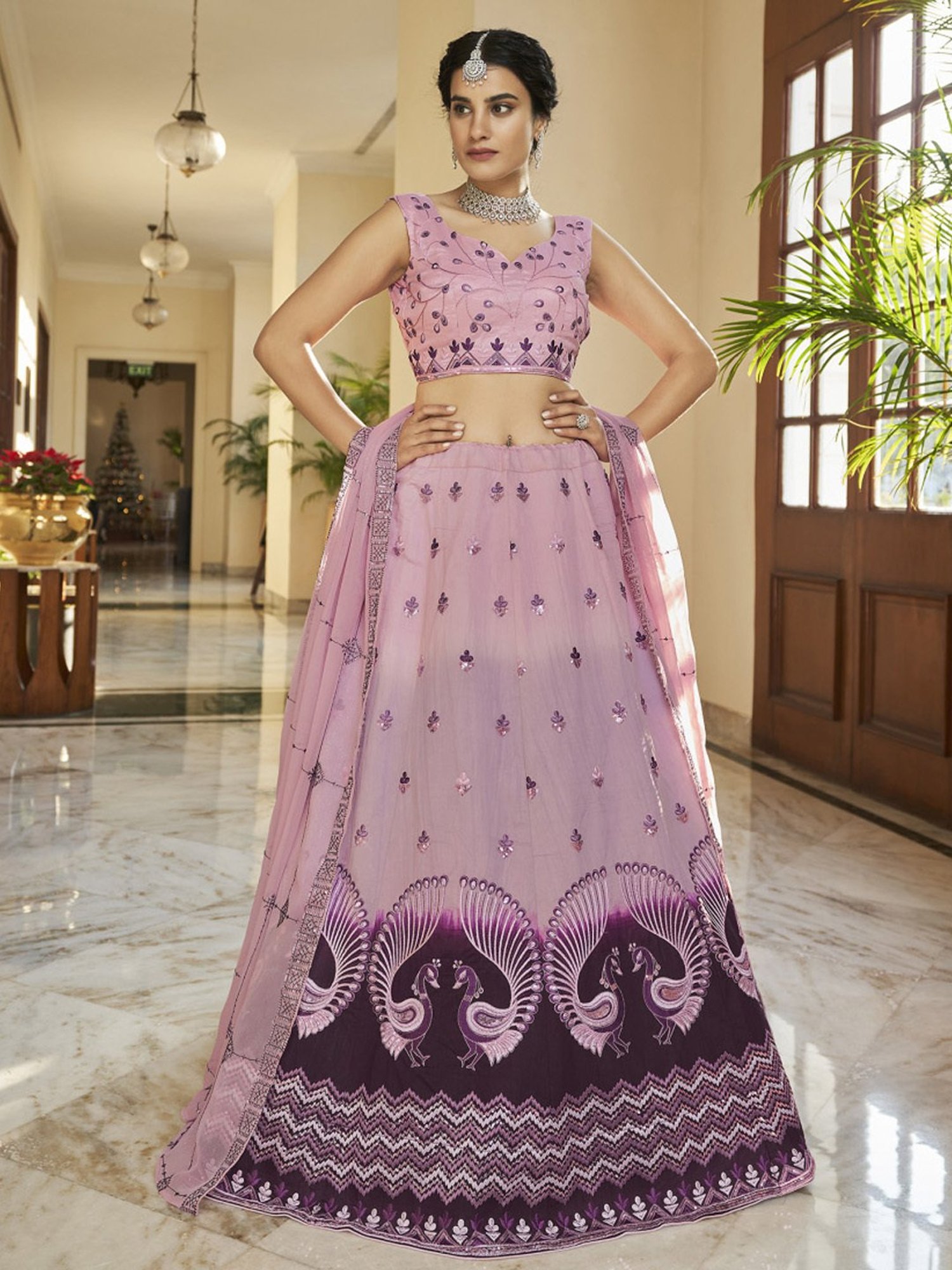 SHUBHKALA Pink & Purple Silk Embroidered Lehenga and Choli Set With Dupatta