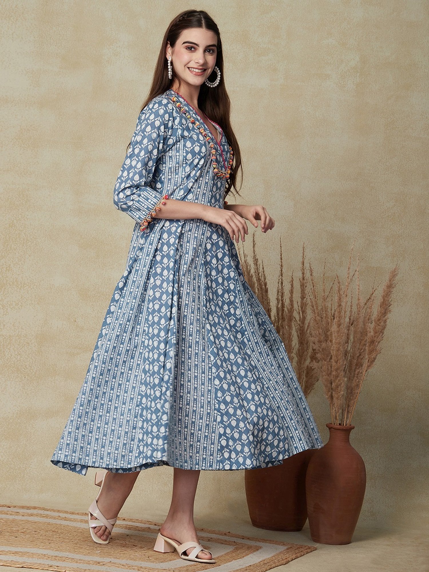 Fashor Blue Cotton Printed A-Line Dress