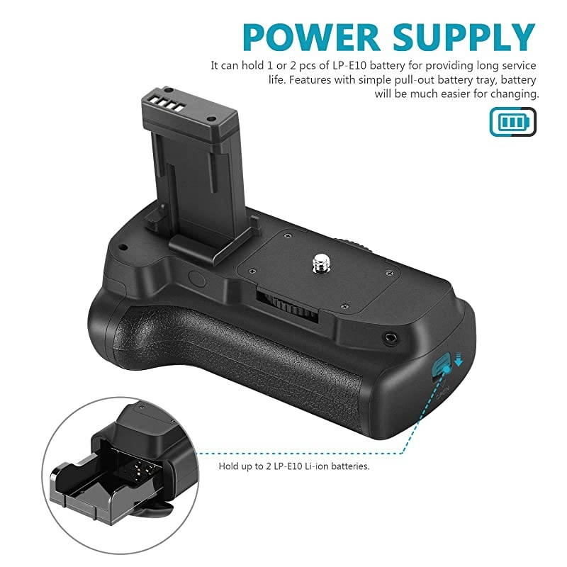 Vertical Battery Grip with 2 Pieces LPE10 Battery Replacement for Canon EOS 1100D 1200D 1300D Rebel T3 T5 T6