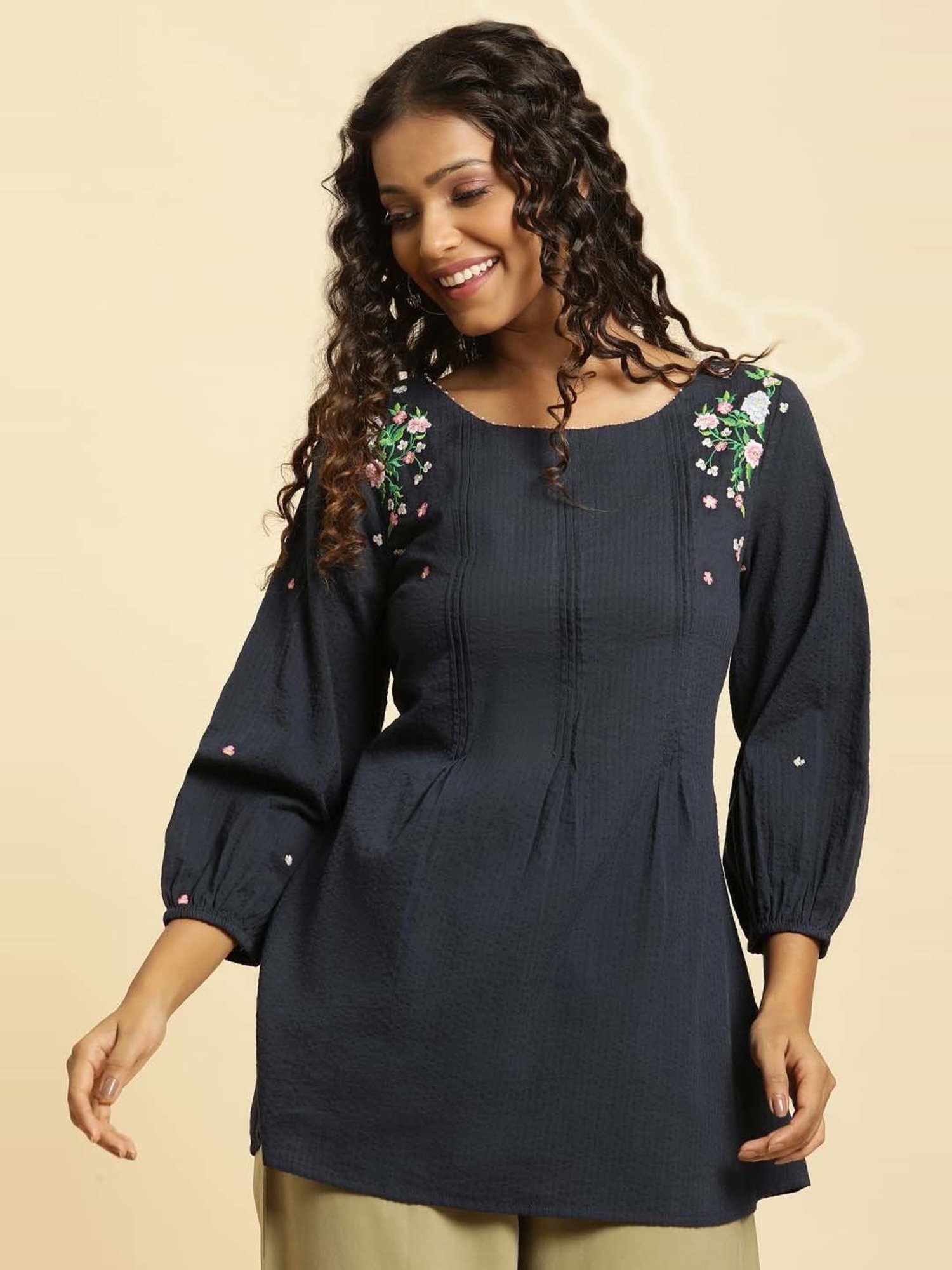 W Navy Cotton Embroidered Top