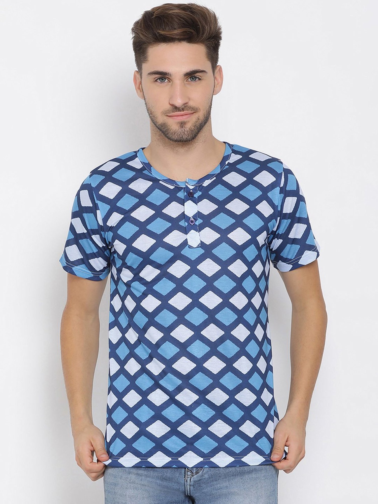 Hangup Plus White & Blue Regular Fit Printed Henley T-Shirt