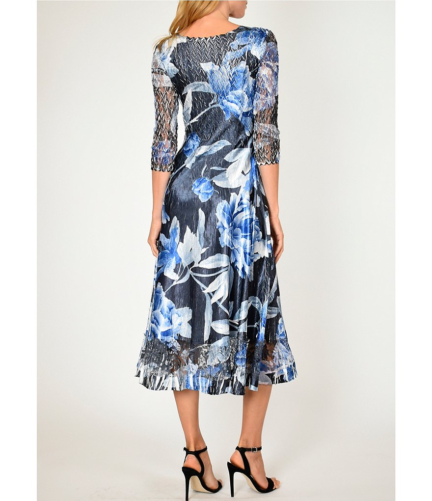 Komarov V-Neck 3/4 Sleeve Indigo Rose Floral Charmeuse Midi Dress