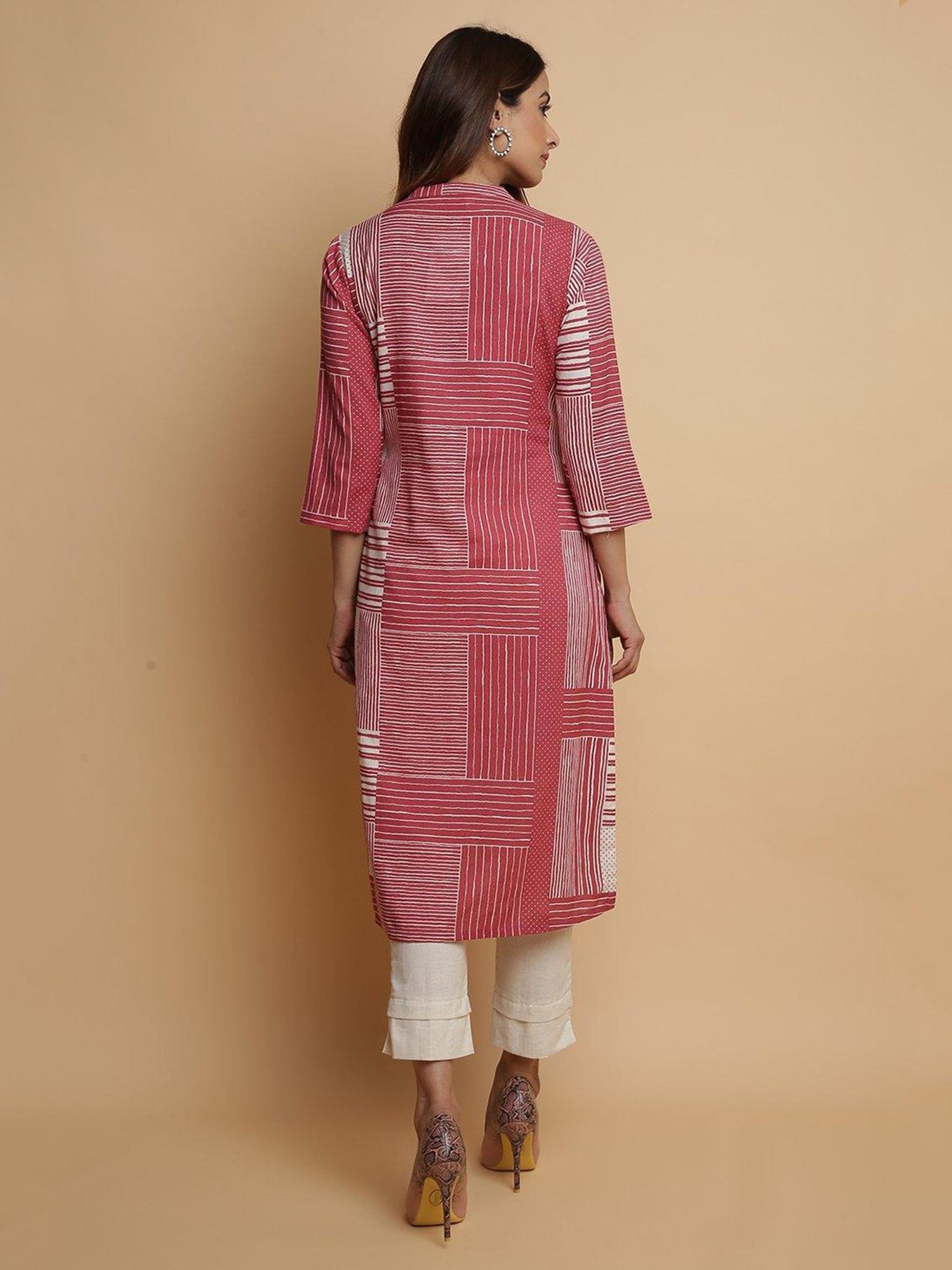 Biba Red & Off White Striped Kurta Pant Set