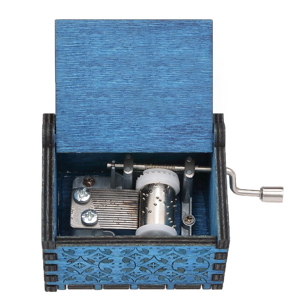 Vintage Wooden Theme Song Music Box Hand-operated Carved Engraving Music Case Creative Holiday Birthday Gifts for Kids Blue