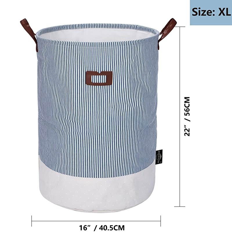 22Inches Thickened XLarge Laundry Basket 9 Colors with Durable Leather Handle Drawstring Waterproof Round Cotton Linen Collapsible Storage Basket Navy Blue XL