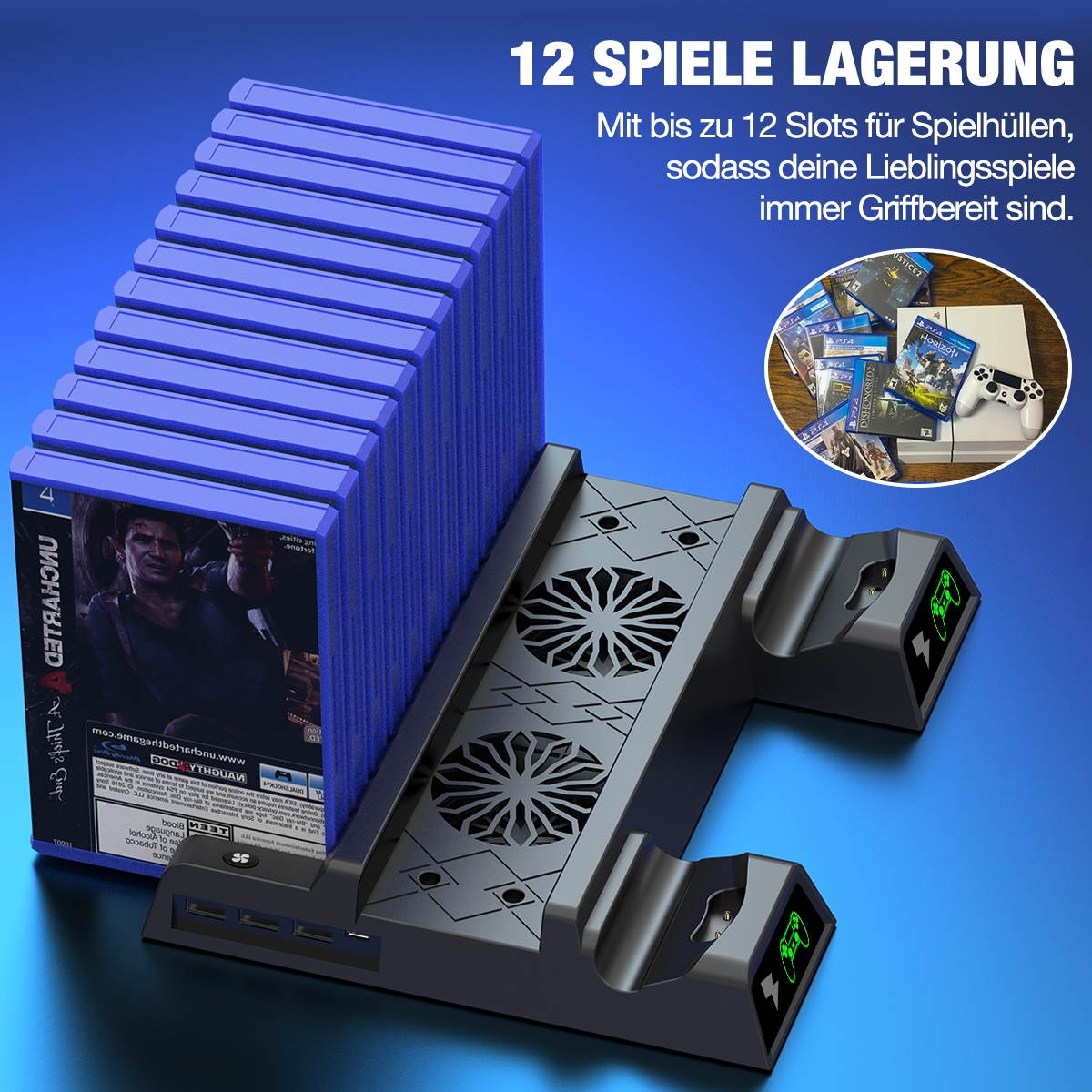 BEBONCOOL PS4 Vertical Stand Cooling Fan for PS4 Slim/ PS4 Pro/ Regular PlayStation4, PS4 Stand Controller Charger Station for Dual Charging, PS4 Accesossries with Game Storage for Playstation Console