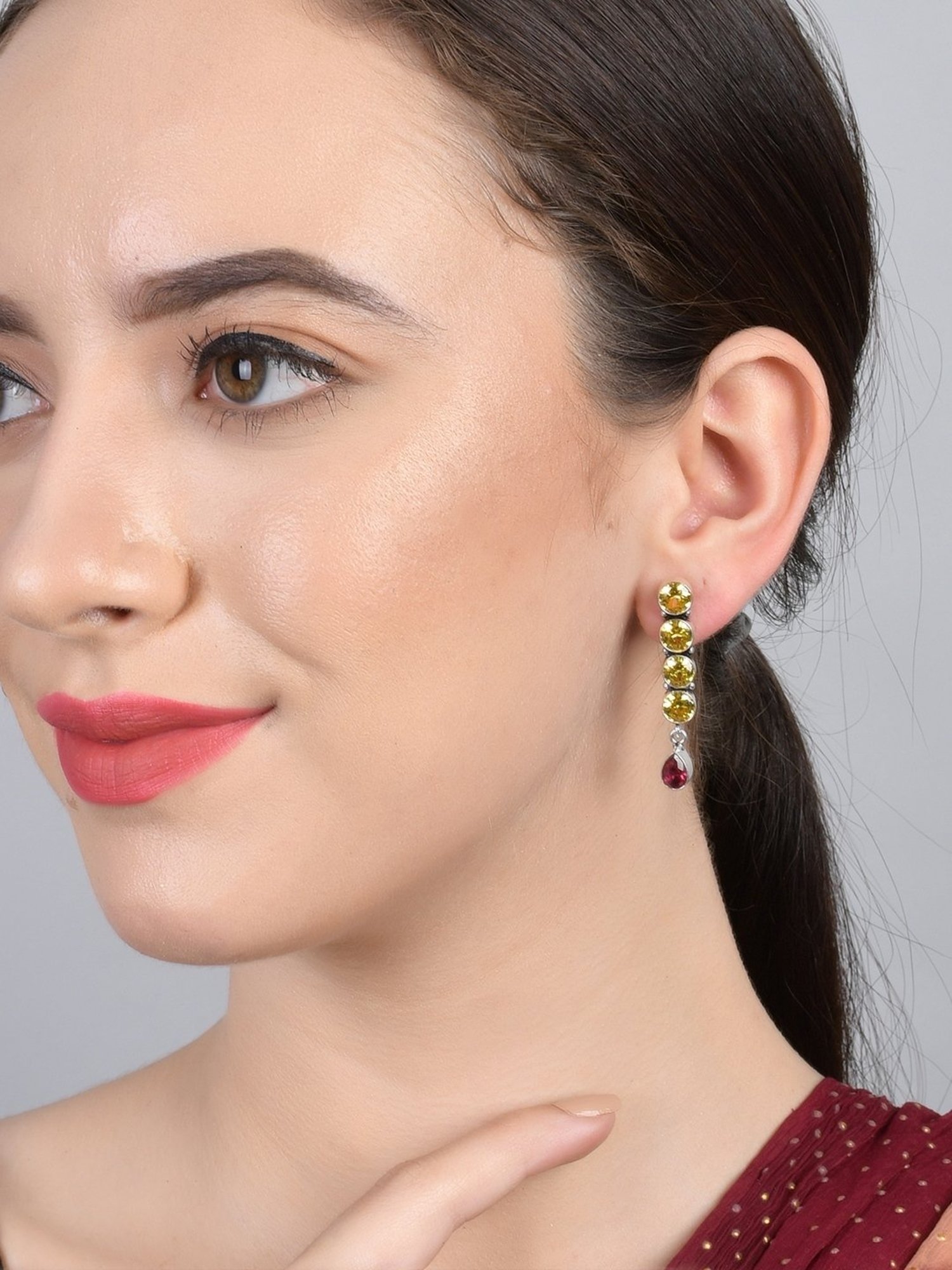 Imli Street Yellow-Pink Silver Tone Stone-Studded Handcrafted Dangler Earrings