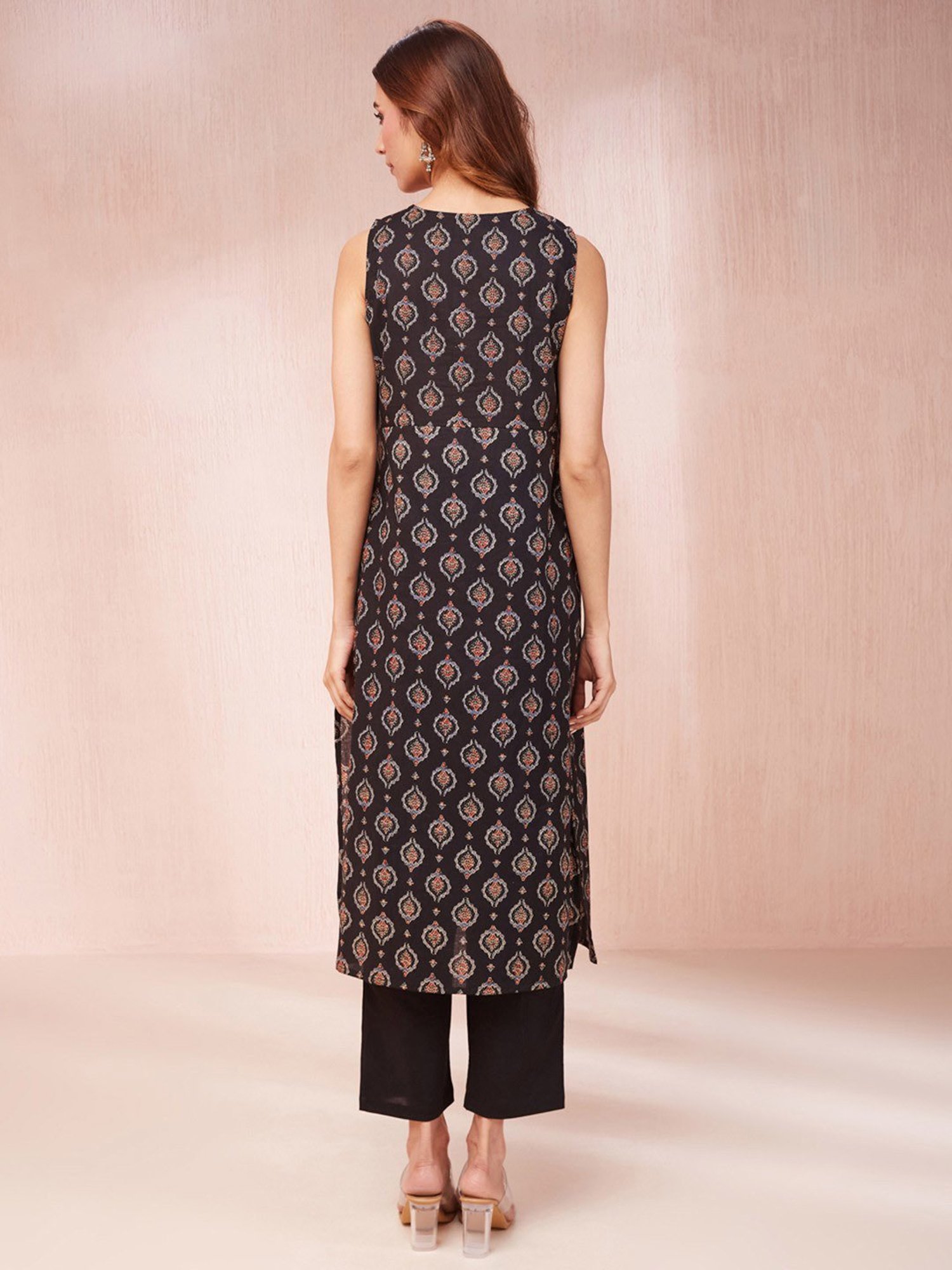 Yufta Black Cotton Printed Straight Kurta