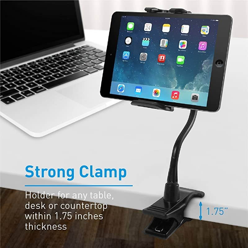 Adjustable Gooseneck Tablet Holder Phone Clip Works with Phones Tablets up to 8 Flexible Phone Holder Tablet Mount with Clip On Clamp for Desks up to 175 Thick CLIPMOUNTBlack