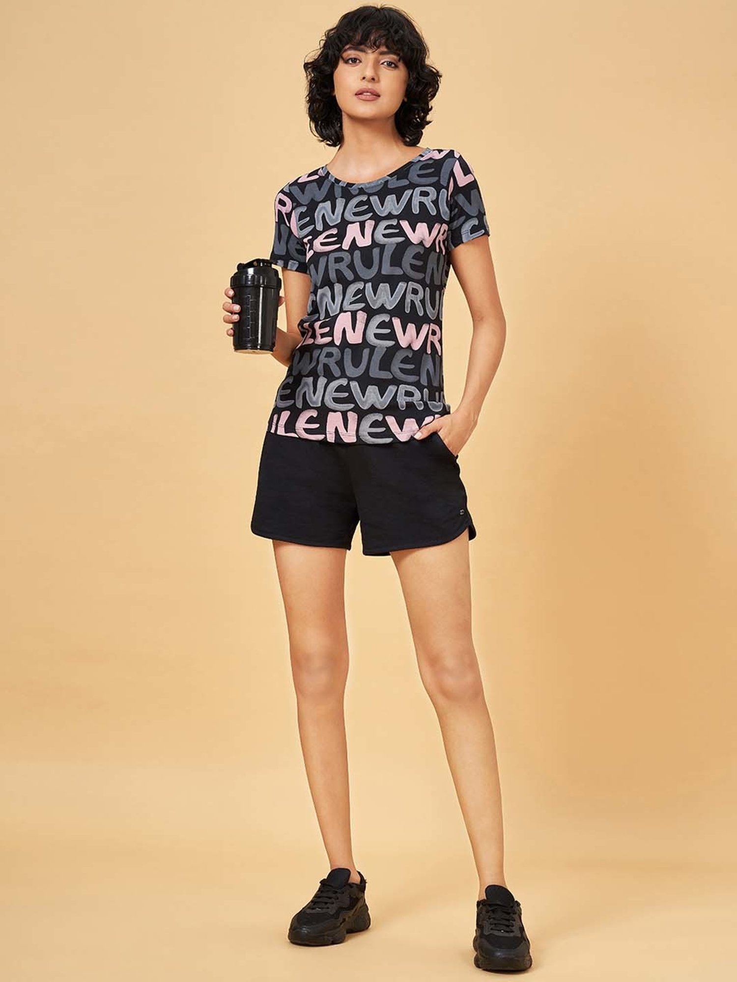 Ajile by Pantaloons Black Cotton Printed Sports T-Shirt