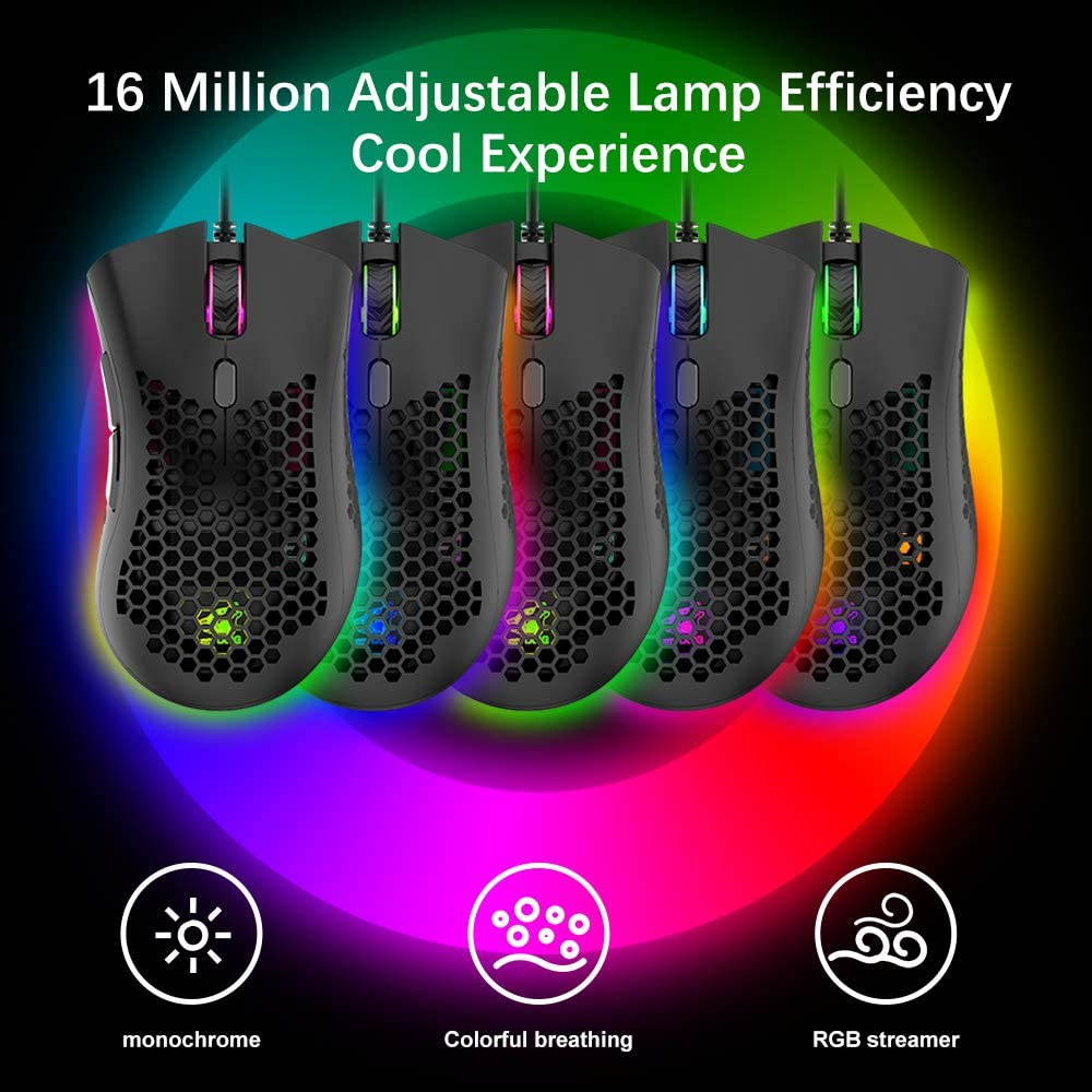 Wired Lightweight Gaming Mouse,Ultralight Honeycomb Shell Ultraweave Cable,7 Buttons Programmable Driver,Pixart 3325 12000 DPI,10 RGB Backlit Computer Mouse for PC Gamers,Xbox,PS4 Users