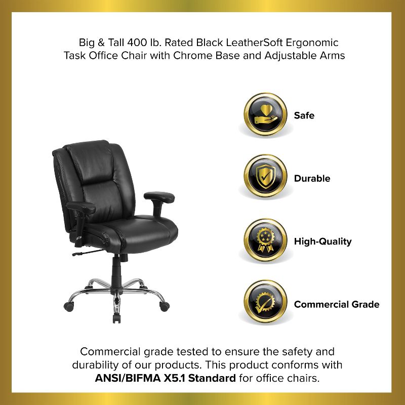 Emma and Oliver 400 lb. Big & Tall Black LeatherSoft Task Adjustable Arm Ergonomic Office Chair