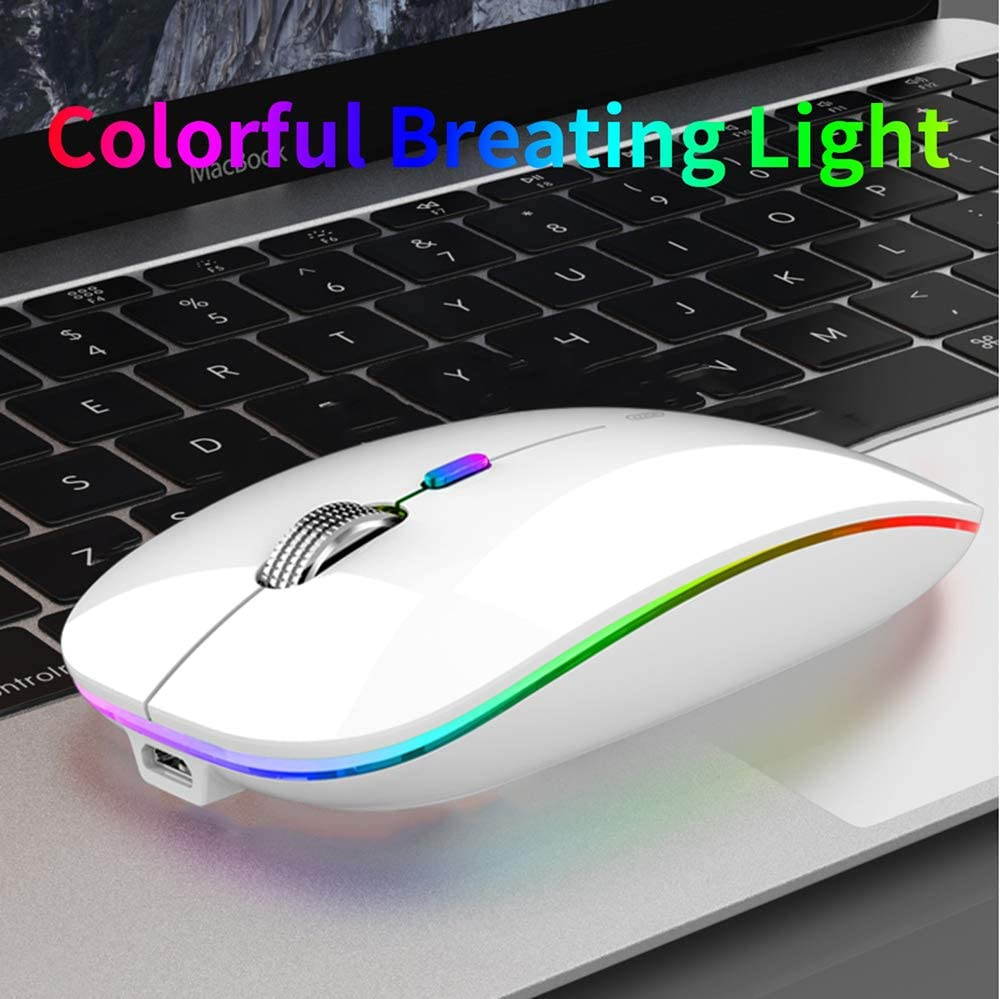 LED Wireless Mouse, Uiosmuph G12 Slim Rechargeable Wireless Silent Mouse, 2.4G Portable USB Optical Wireless Computer Mice with USB Receiver and Type C Adapter (White)