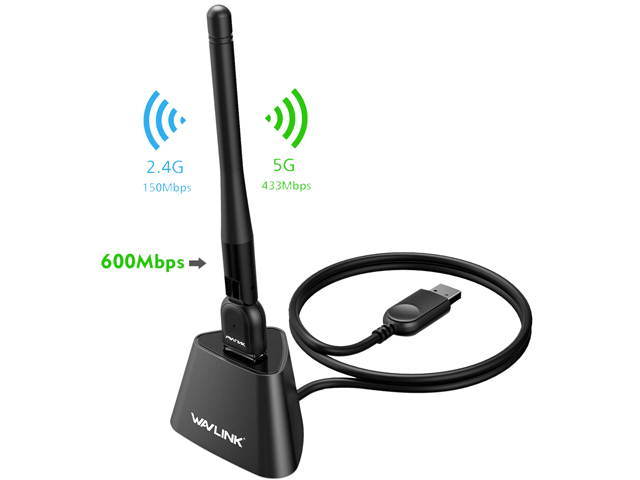 Wavlink AC600 USB Wifi Adapter, 600Mbps Dual Band Wireless Adapter, 802.11ac, High Gain 3dbi Antenna Network Adapter, 2.4G/150Mbps + 5G/433Mbps For PC, Windows XP/Vista/7/8/8.1/10 (32/64bits) MAC OS