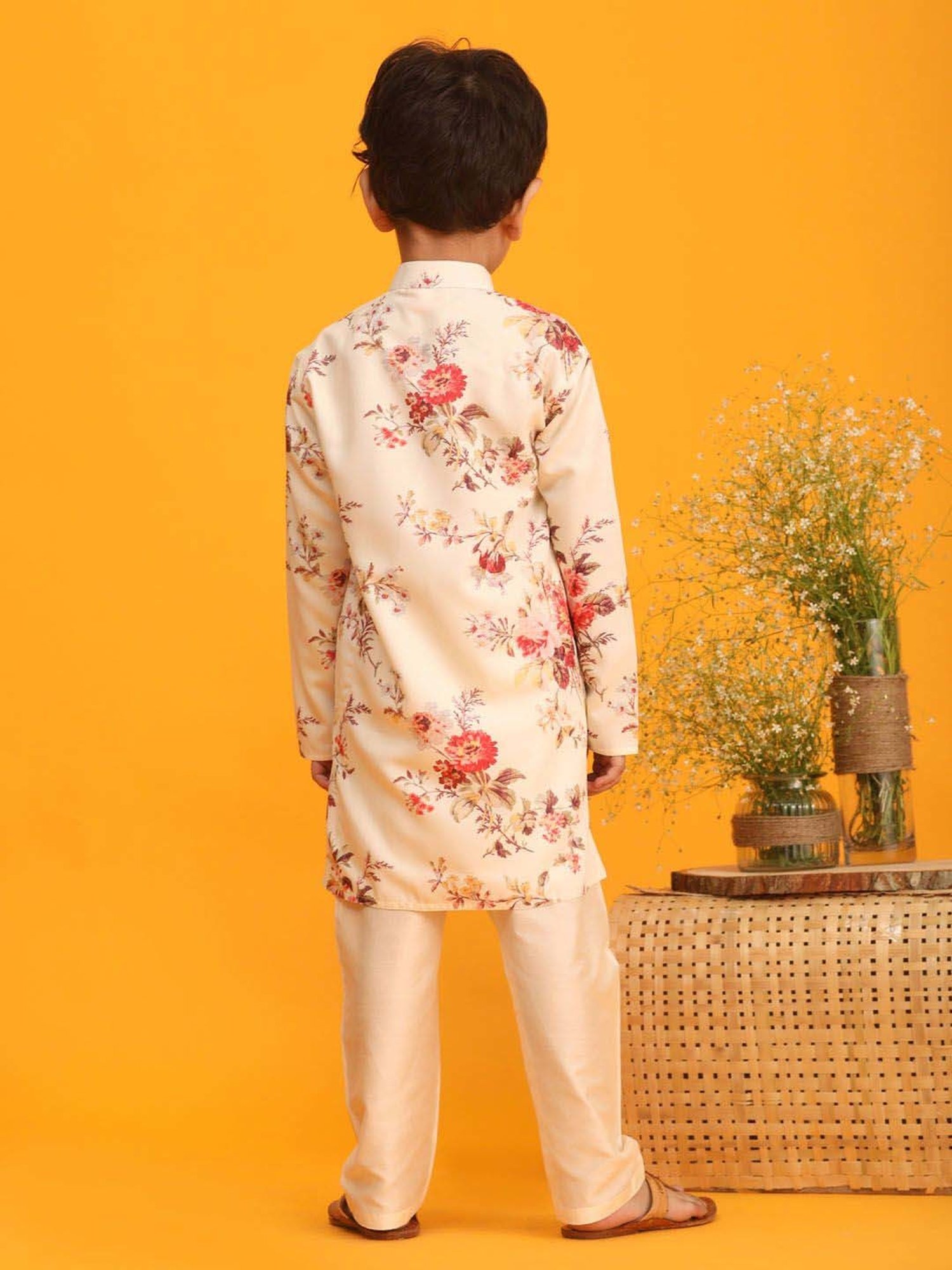 VASTRAMAY Boys Cream Floral Full Sleeves Kurta Sets
